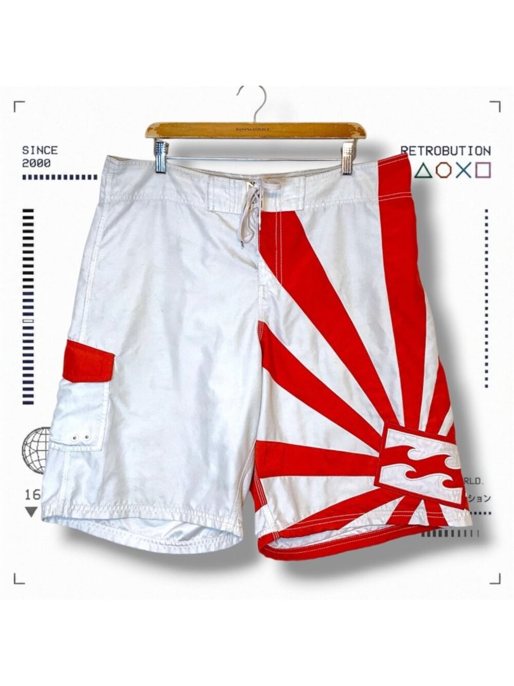 Rare Y2K Billabong Andy Iron AI Rising Sun Board Shorts White Size 38